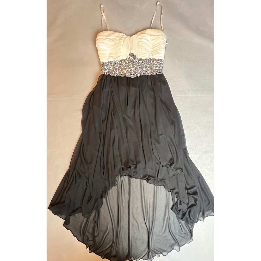 City Triangles Womens High Low Prom Dress White Black Rhinestone Size 1 Y2K